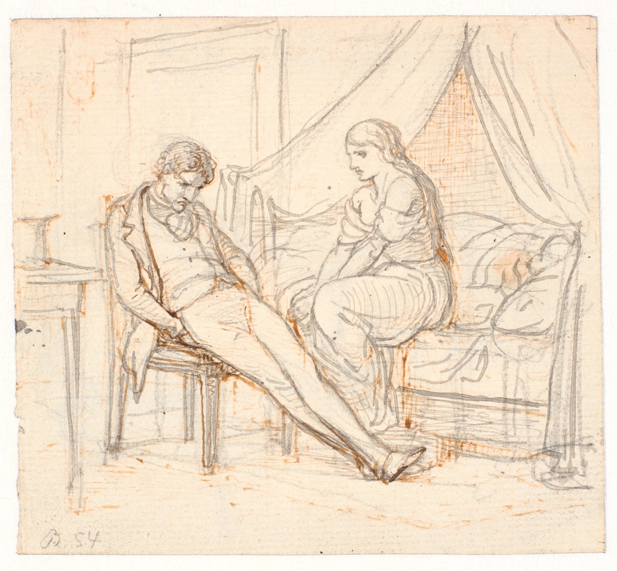 Interieur met sombere jonge man en een meisje op een bed door Wilhelm Marstrand