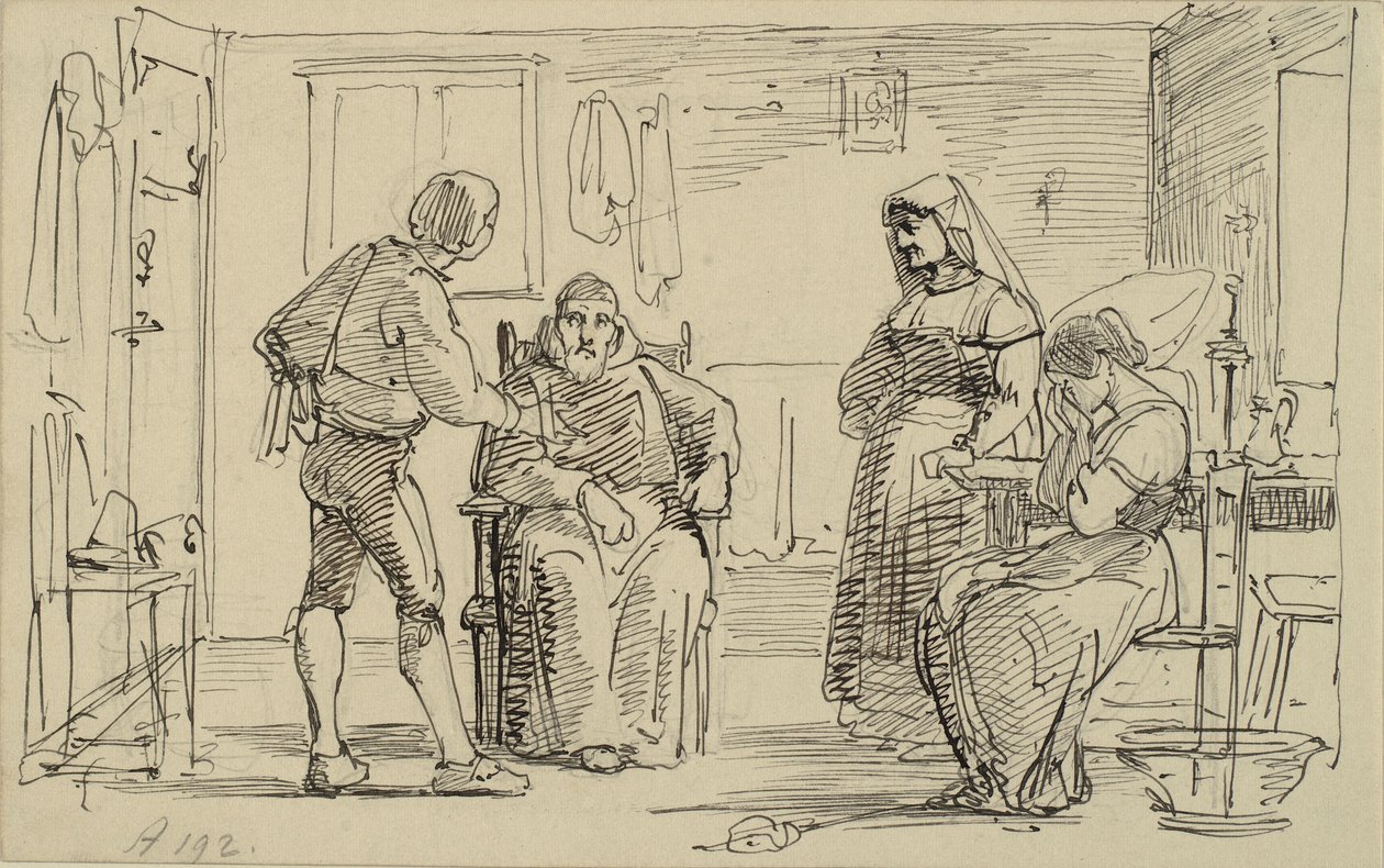 Interieur waar een jonge man iets uitlegt aan een zittende monnik, rechts huilend meisje en oude vrouw door Wilhelm Marstrand