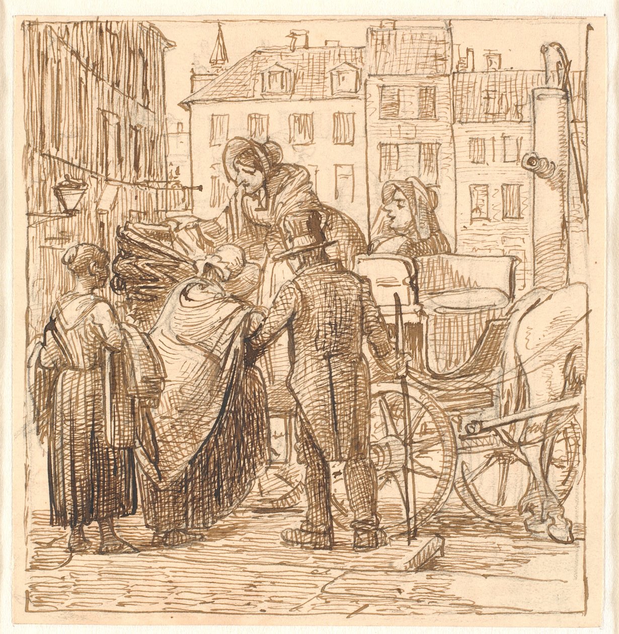 Dames stappen in een koets op Hanserplein door Wilhelm Marstrand