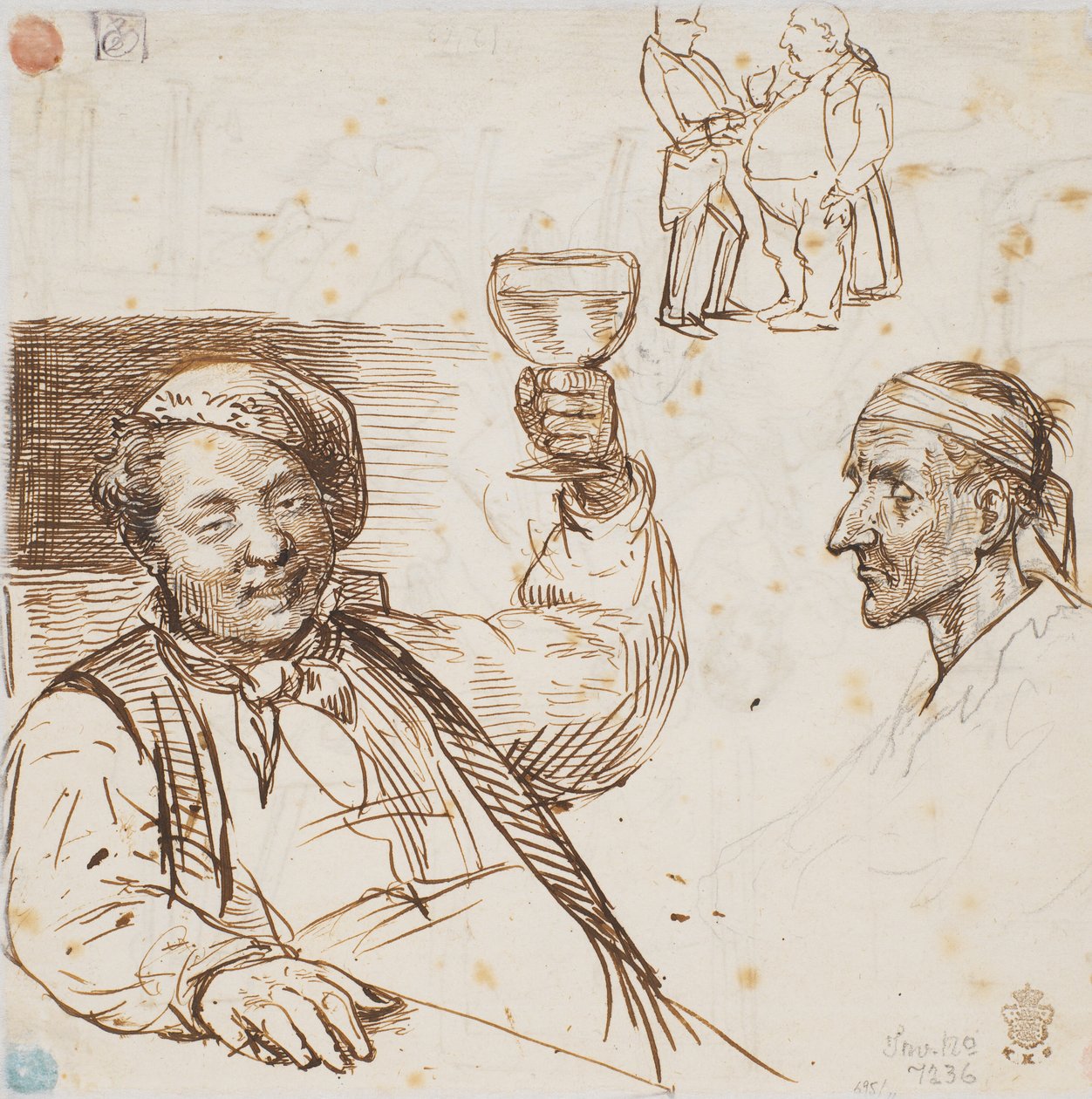 Man met glas, mannenhoofd en twee mannen in gesprek door Wilhelm Marstrand