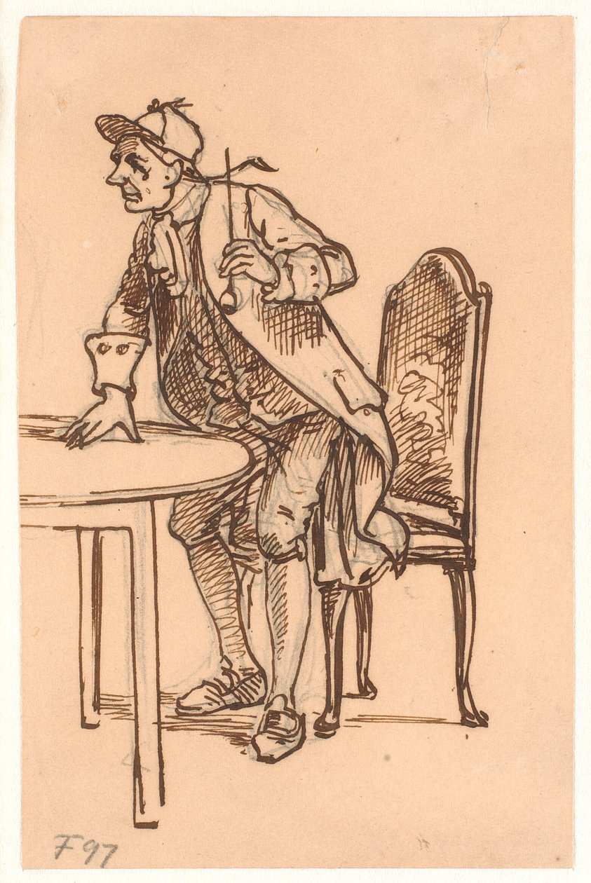 Man met pet en pijp staat op (discussie?) aan een tafel door Wilhelm Marstrand