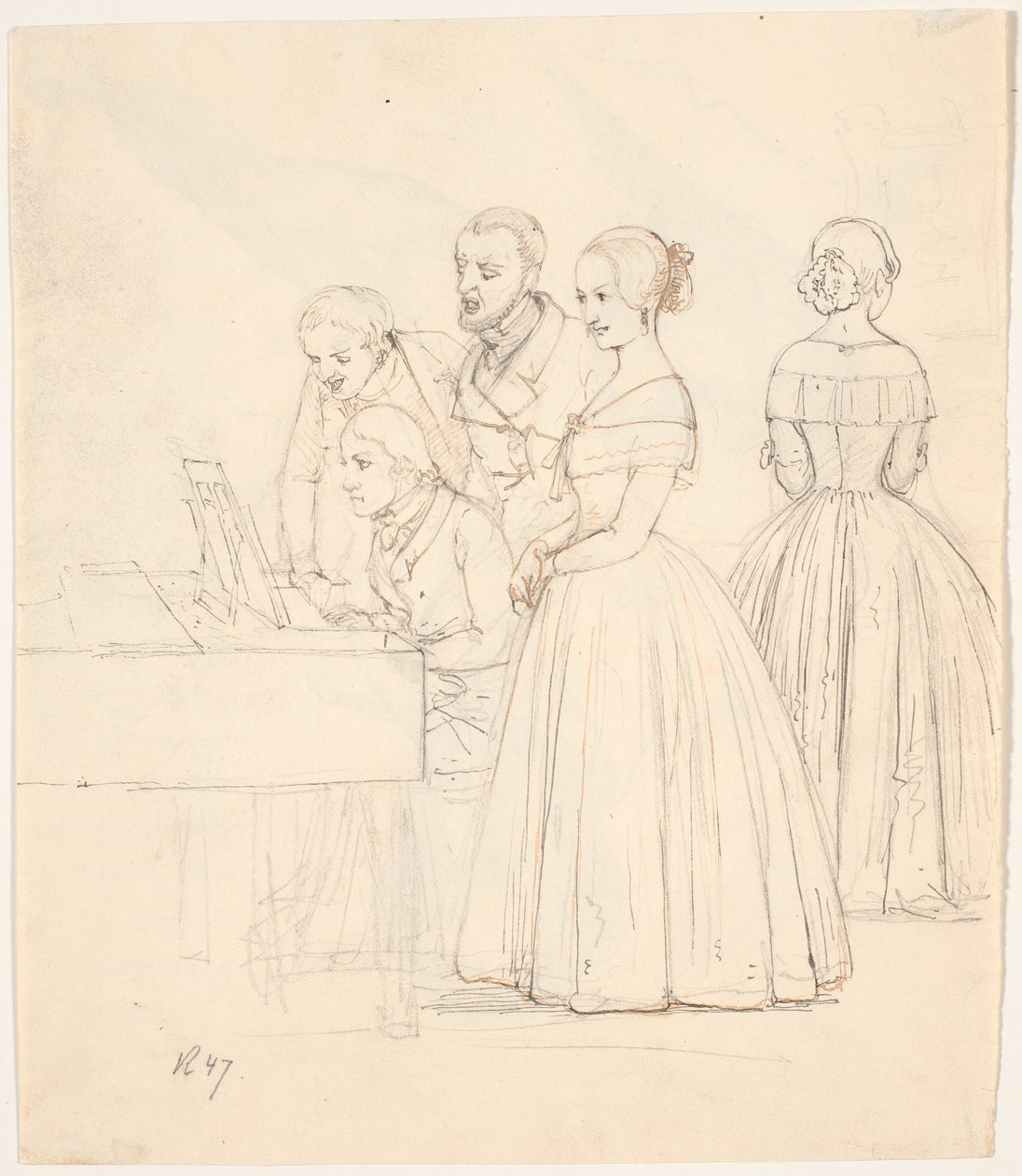 Mannenduet met pianobegeleiding; daarnaast twee dames door Wilhelm Marstrand