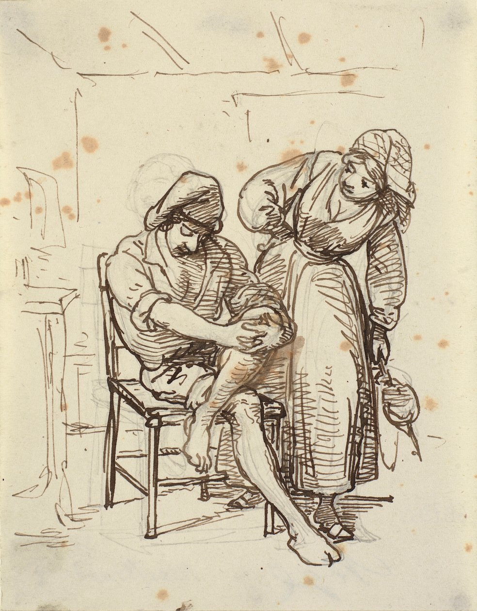 Meisje kijkt naar een jonge visser die op een stoel zit door Wilhelm Marstrand