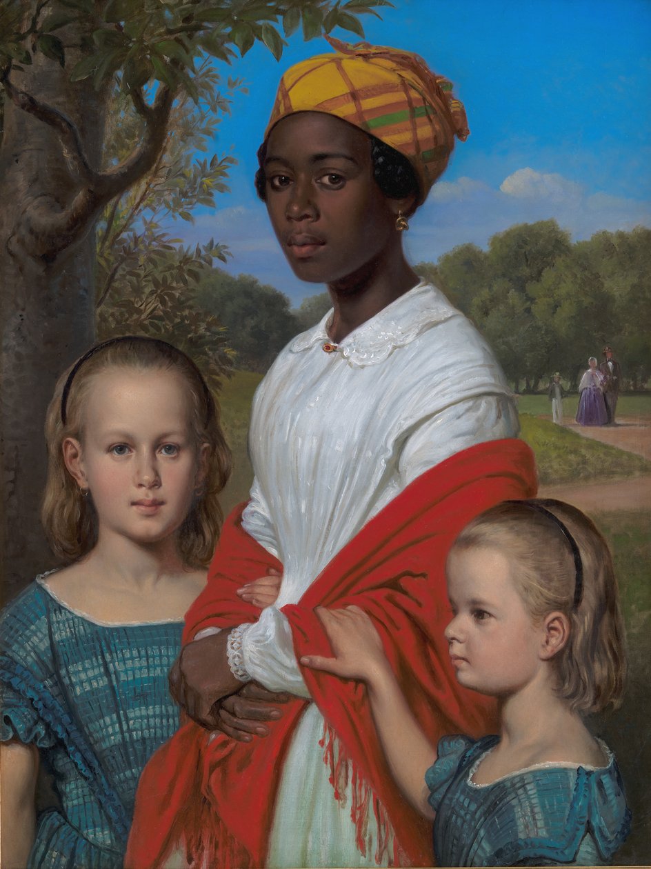 Portret van Otto Marstrands twee dochters en hun West-Indische nanny, Justina Antoine, in de Frederiksberg Tuinen bij Kopenhagen door Wilhelm Marstrand