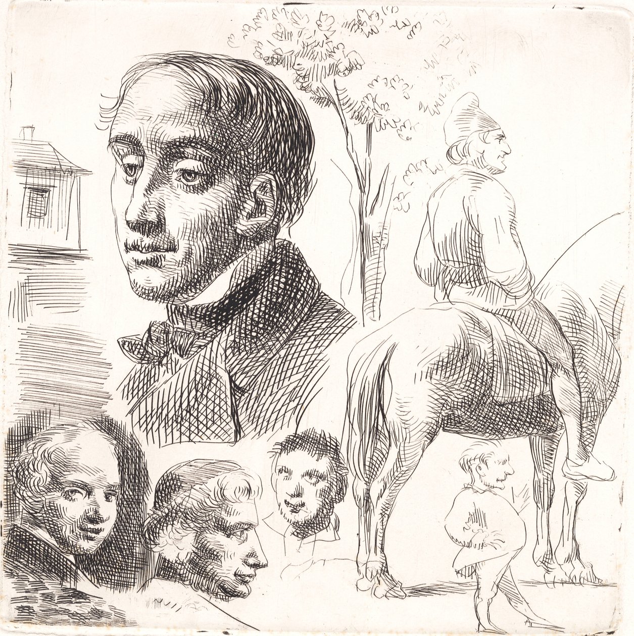 Proefblad in stylografie met portretkoppen, een boer te paard enz. door Wilhelm Marstrand
