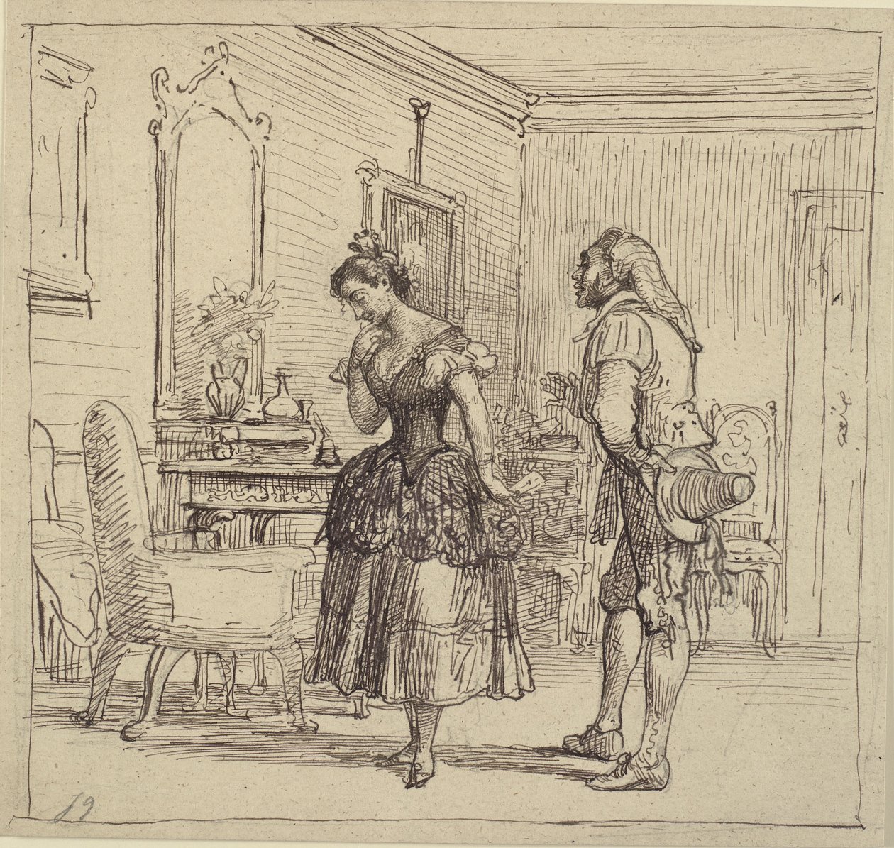 Rosina geeft Figaro de brief aan graaf Almaviva (De barbier van Sevilla) door Wilhelm Marstrand