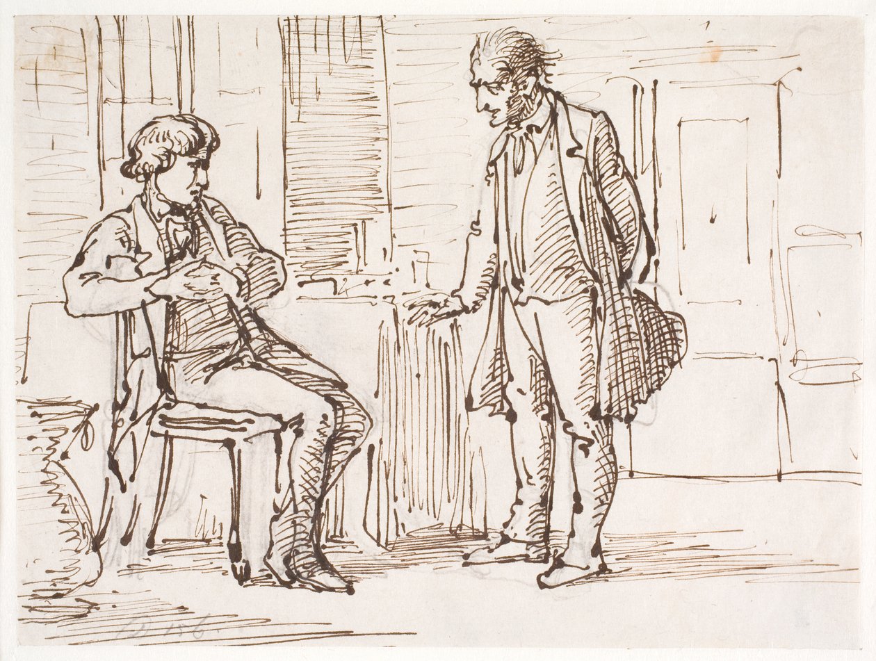 Gesprek tussen een zittende jongere en een staande oudere man door Wilhelm Marstrand