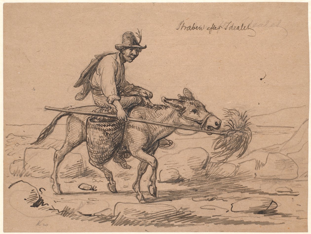 Streven naar het ideaal. Italiaanse ezelrijder drijft het dier voort door een bos hooi op een stok voor zijn neus te houden door Wilhelm Marstrand
