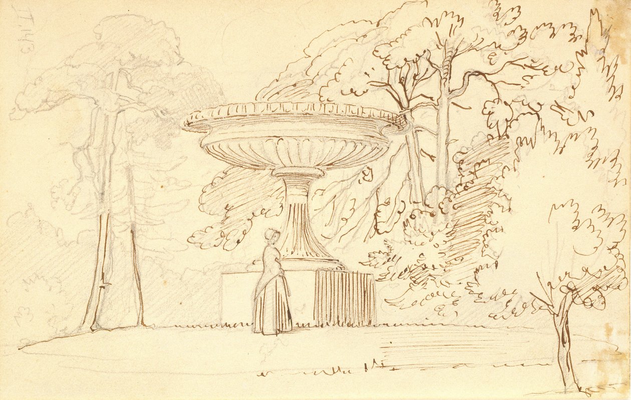 Zuidelijke tuin met een dame bij een kolossale schaal door Wilhelm Marstrand