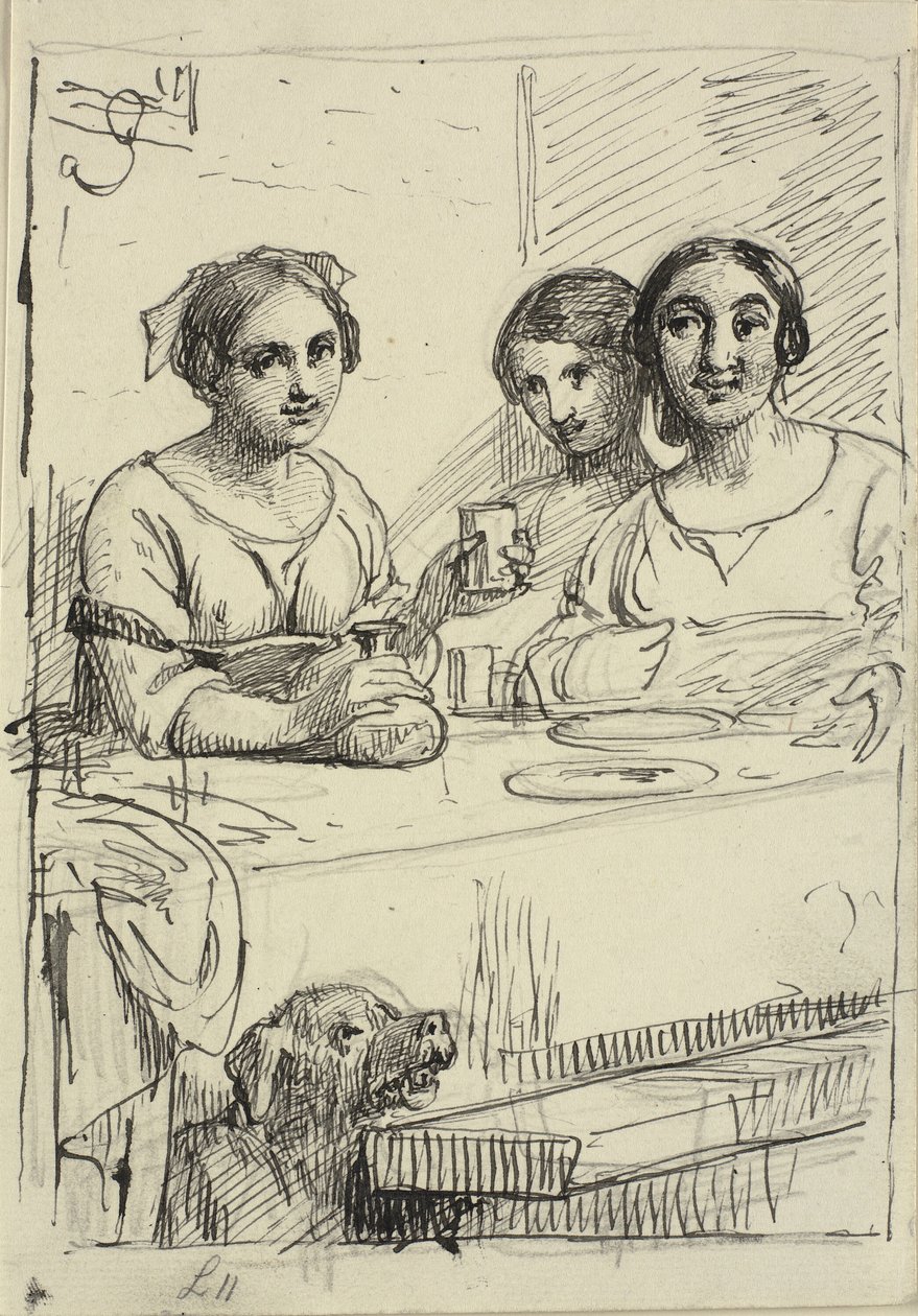 Drie meisjes aan een tafel, onder de tafel een hond door Wilhelm Marstrand