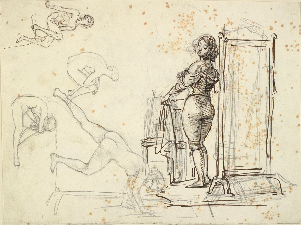 Jong meisje bij het aankleden en vier modelstudies door Wilhelm Marstrand