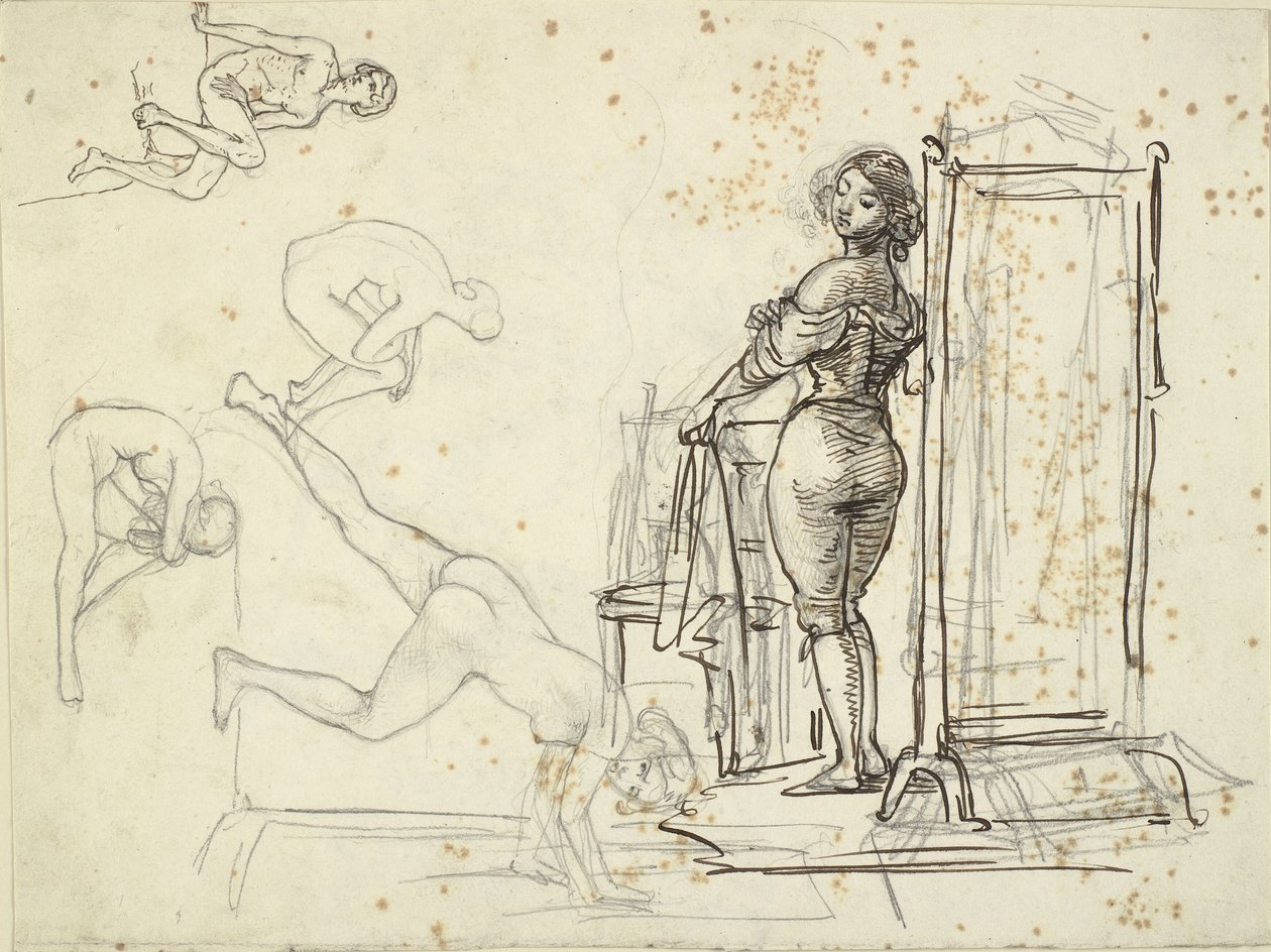 Jong meisje bij het aankleden en vier modelstudies door Wilhelm Marstrand