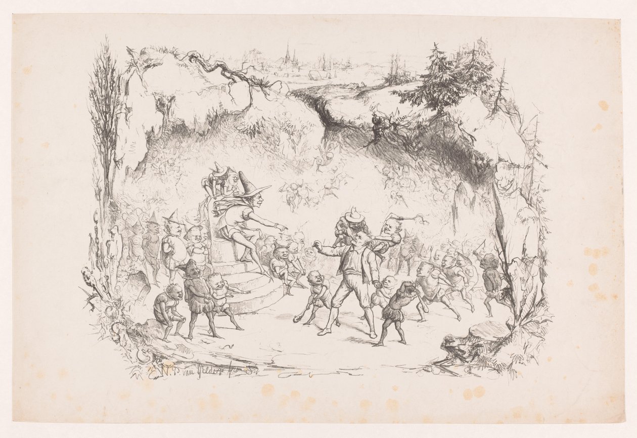 Gabriël Grub in de afgrond door kabouters gestraft door Wilhelmus Petrus van Geldorp