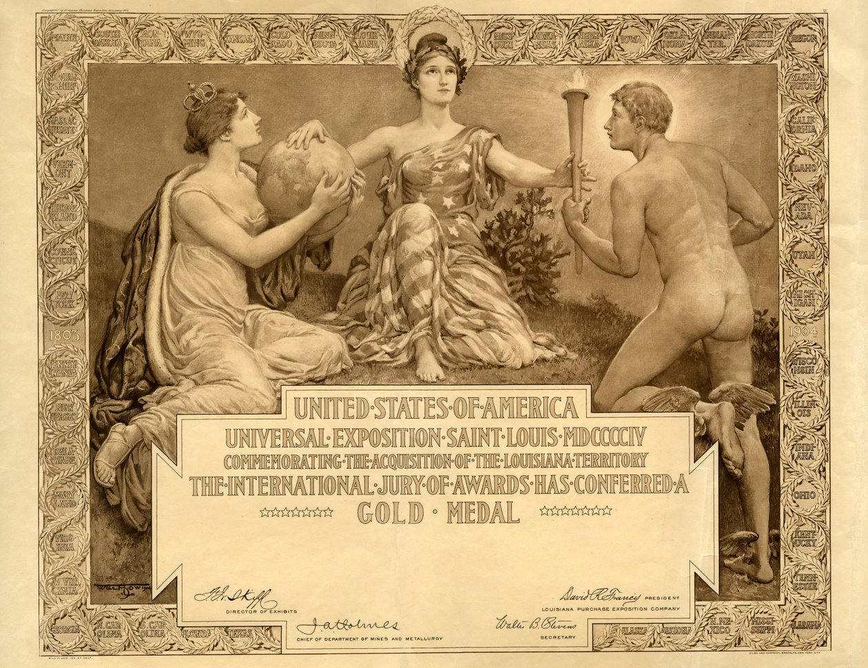 Louisiana Purchase Exposition blanco Gouden Medaille certificaat, 1904 door Will H. Low