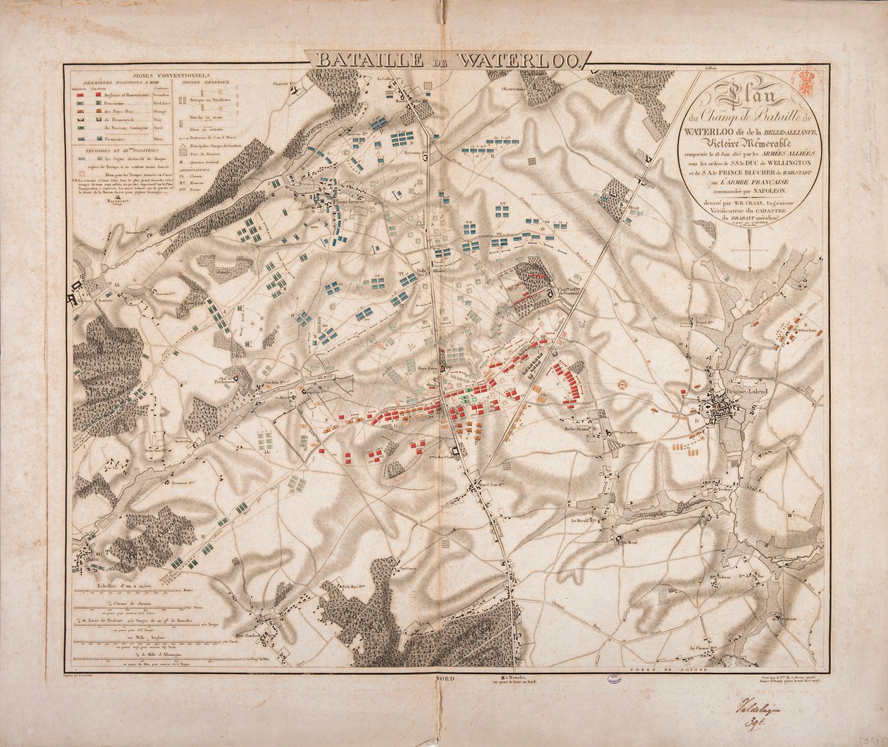 Slag bij Waterloo, kaart van het slagveld, gegraveerd door Jacowick, 1816 door Willem Benjamin Craan