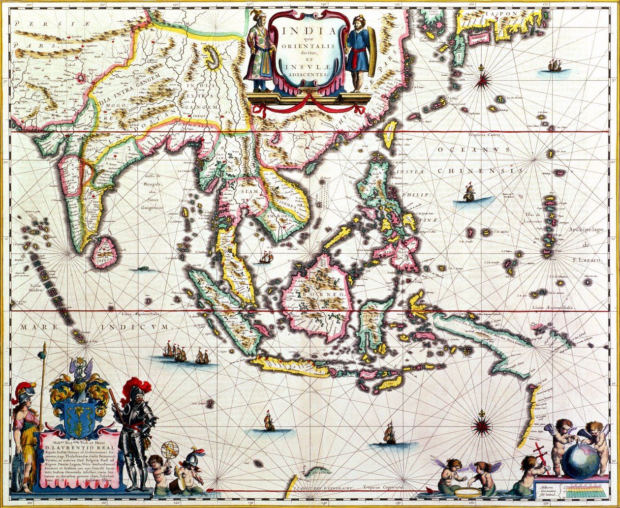 India Quae Orientalis Dicitur, Et Insulae Adiacentes, kaart van Zuidoost-Azië en de Oost-Indische eilanden, gepubliceerd, Amsterdam, ca. 1635 door Willem Janszoon Blaeu