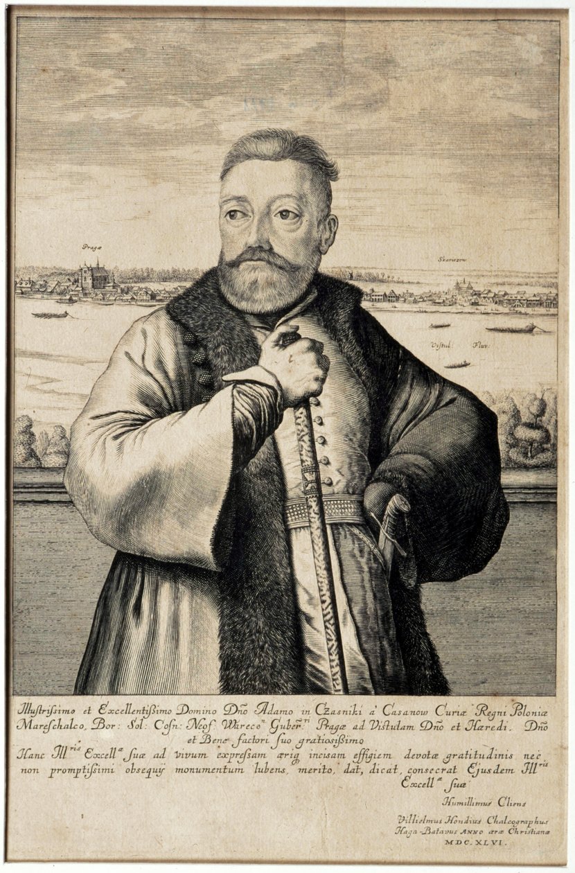 Portret van Adam Kazanowski tegen Praga en Skaryszew door Willem Hondius