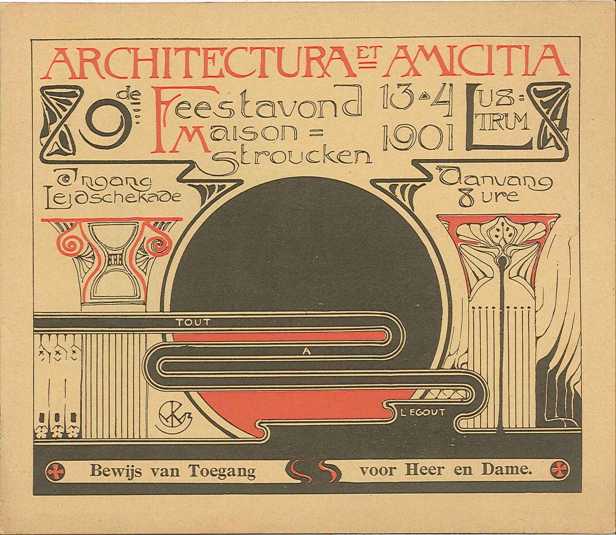 Bewijs van toegang voor de feestavond op 13 april 1901 naar aanleiding van het 9de lustrum van Architectura et Amicitia door Willem Kromhout