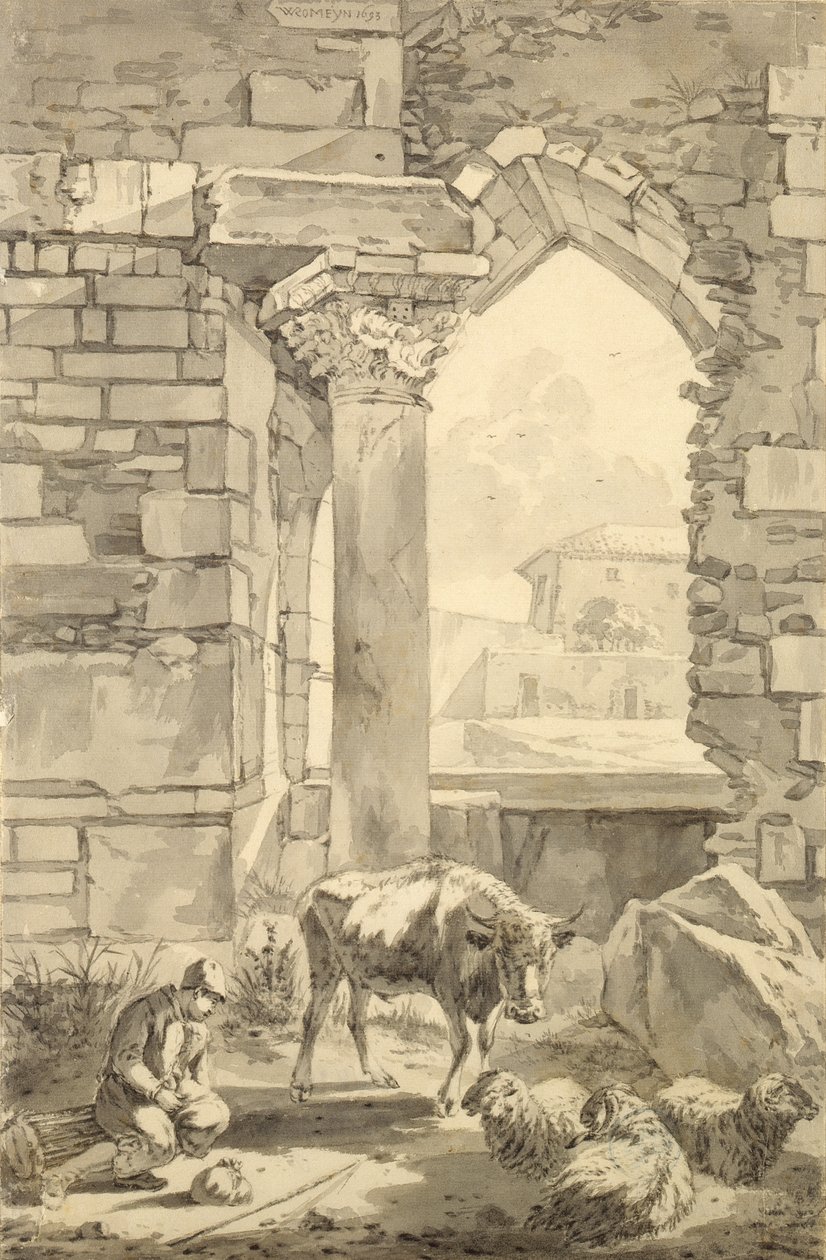 Herder met een koe en schapen in een ruïne, 1693 door Willem Romeyn
