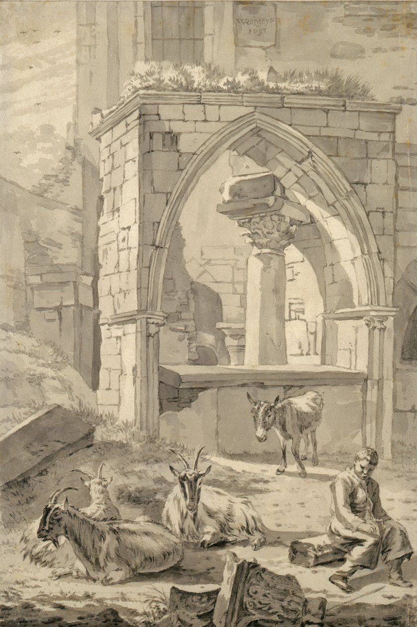 Herder met geiten en een ezel voor de ruïnes, 1693 door Willem Romeyn