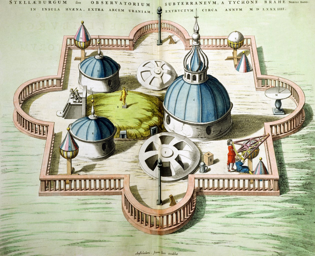 Algemeen overzicht van het observatorium van Uraniborg, gebouwd ca. 1584 door Tycho Brahe (1546-1601) op het eiland Hven, Denemarken uit 