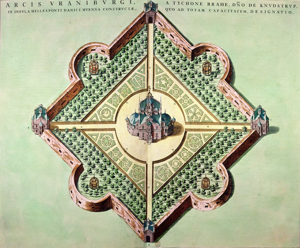 Plan van het Kasteel en Observatorium van Uraniborg, gebouwd ca.1584 door Tycho Brahe op het eiland Hven, Denemarken uit 