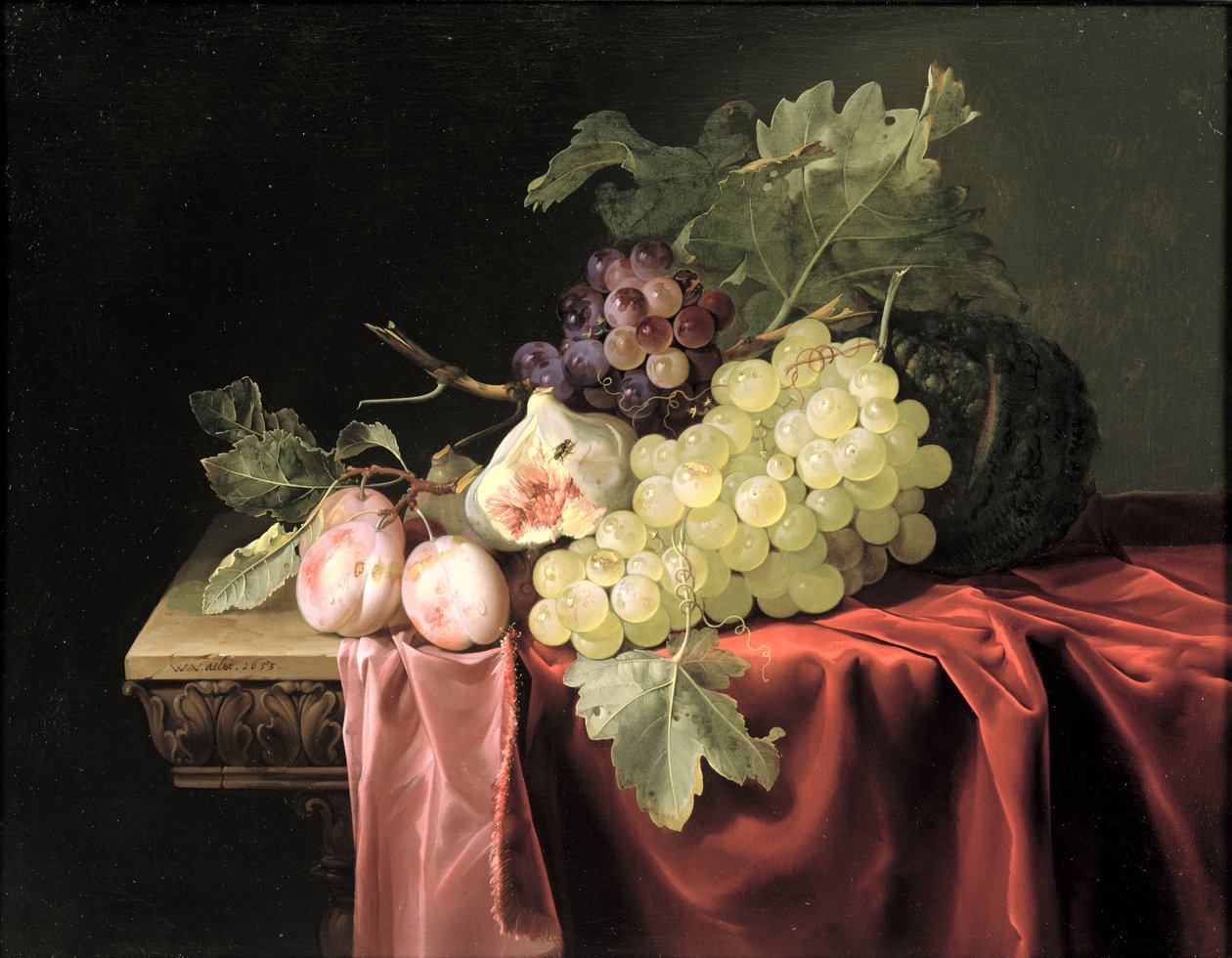 Een stilleven met druiven, pruimen, vijgen en een meloen op een gedeeltelijk gedrapeerde stenen richel, 1653 door Willem van Aelst