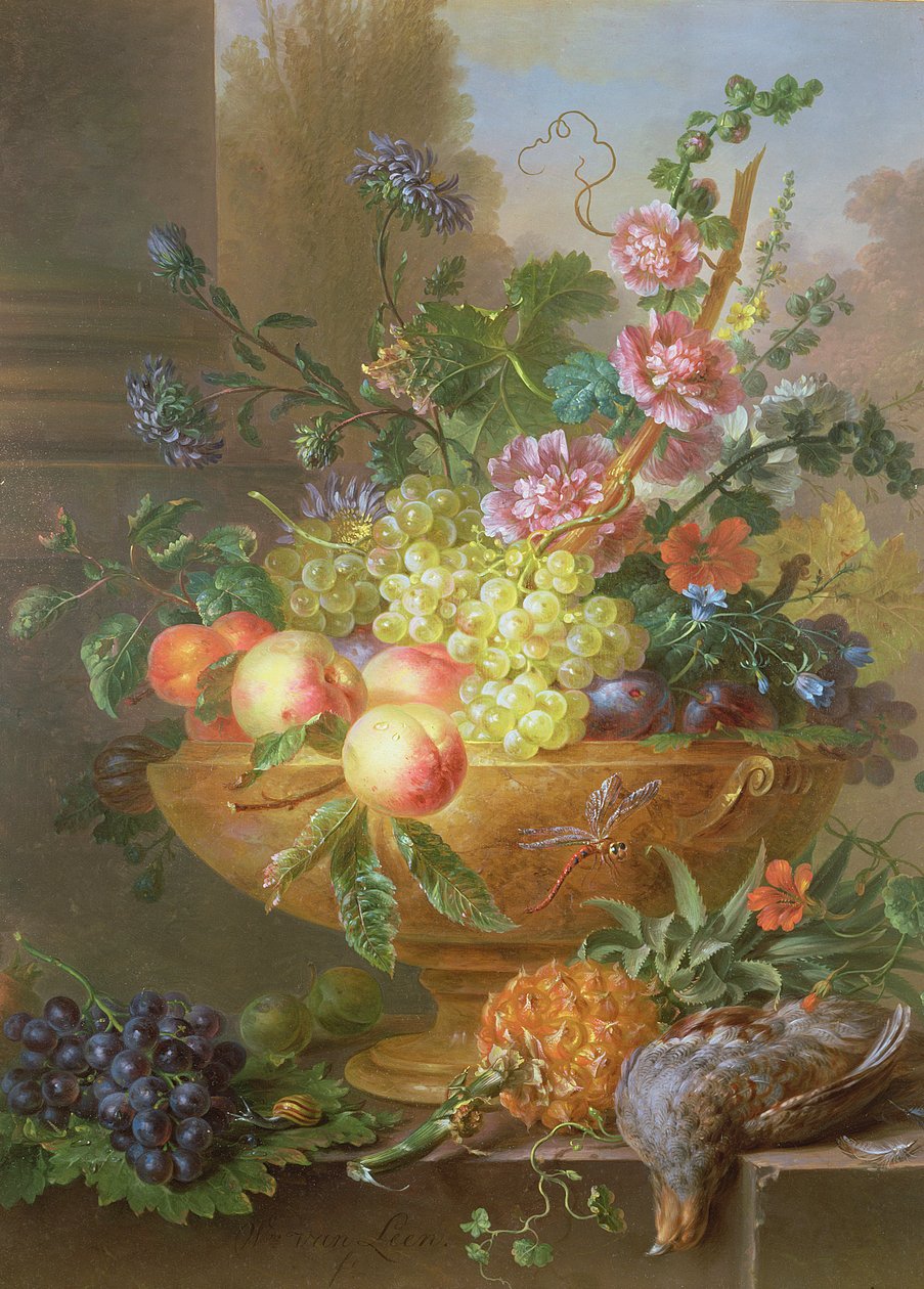 Stilleven van Fruit en Bloemen door Willem van Leen