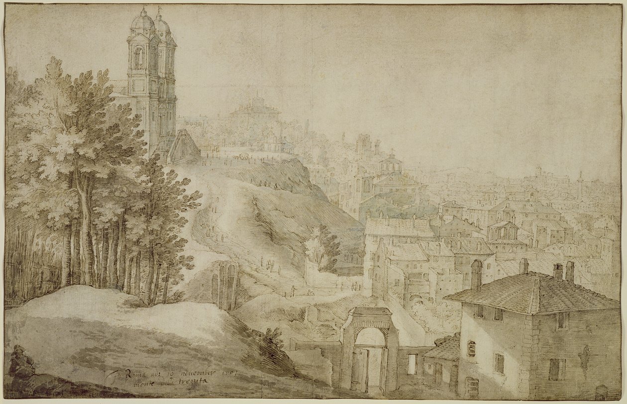 PD.516-1963 Uitzicht op Trinita dei Monti, Rome, 1603 (pen en inkt met was) door Willem van Nieulandt