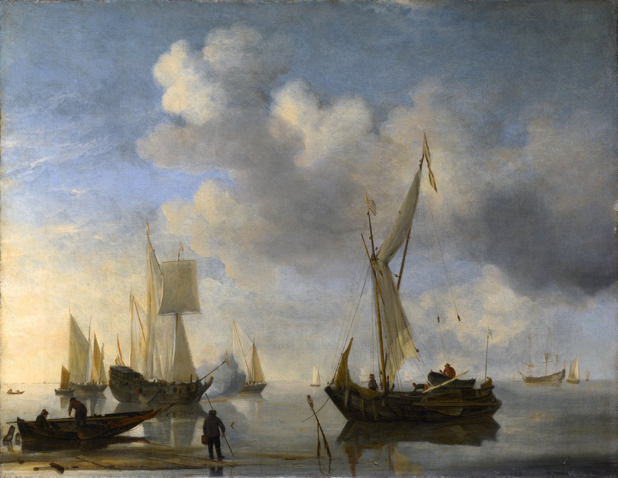 Nederlandse schepen liggen dicht bij de kust in een kalmte, een saluerend door Willem van de Velde the Younger