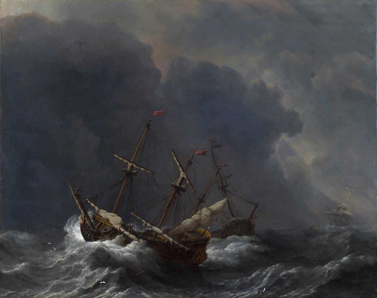 Drie schepen in een storm door Willem van de Velde the Younger