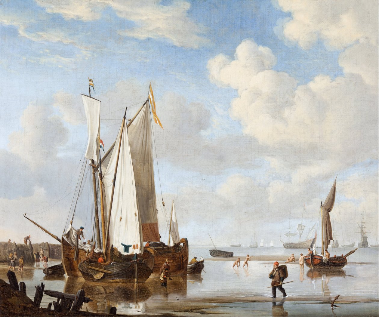Een wijdschip en een kaag in een inham dicht bij een zeewering door Willem Velde Younger and the de van workshop