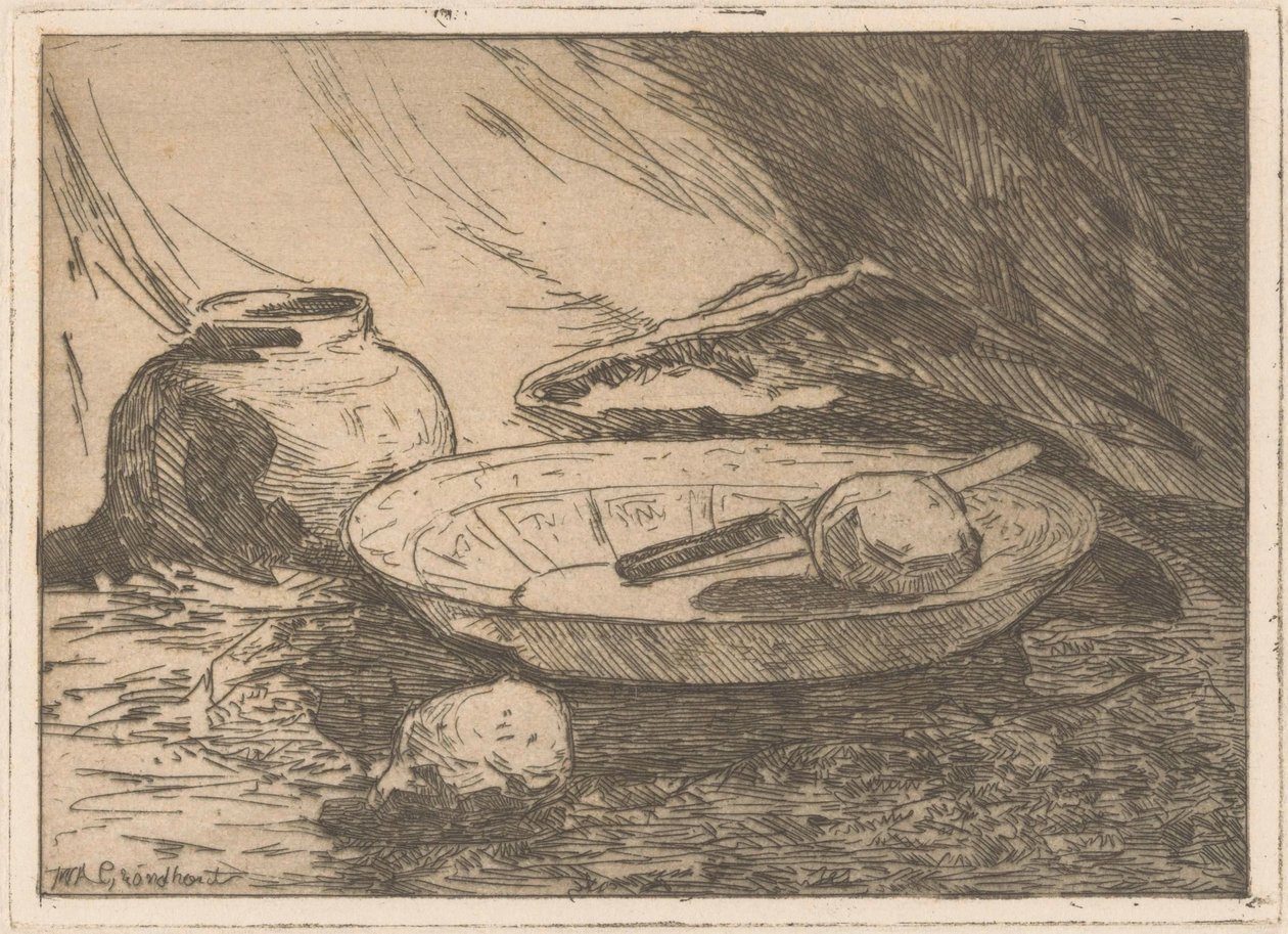 Stilleven met pot en schaal door Willem Adrianus Grondhout (signed by artist)