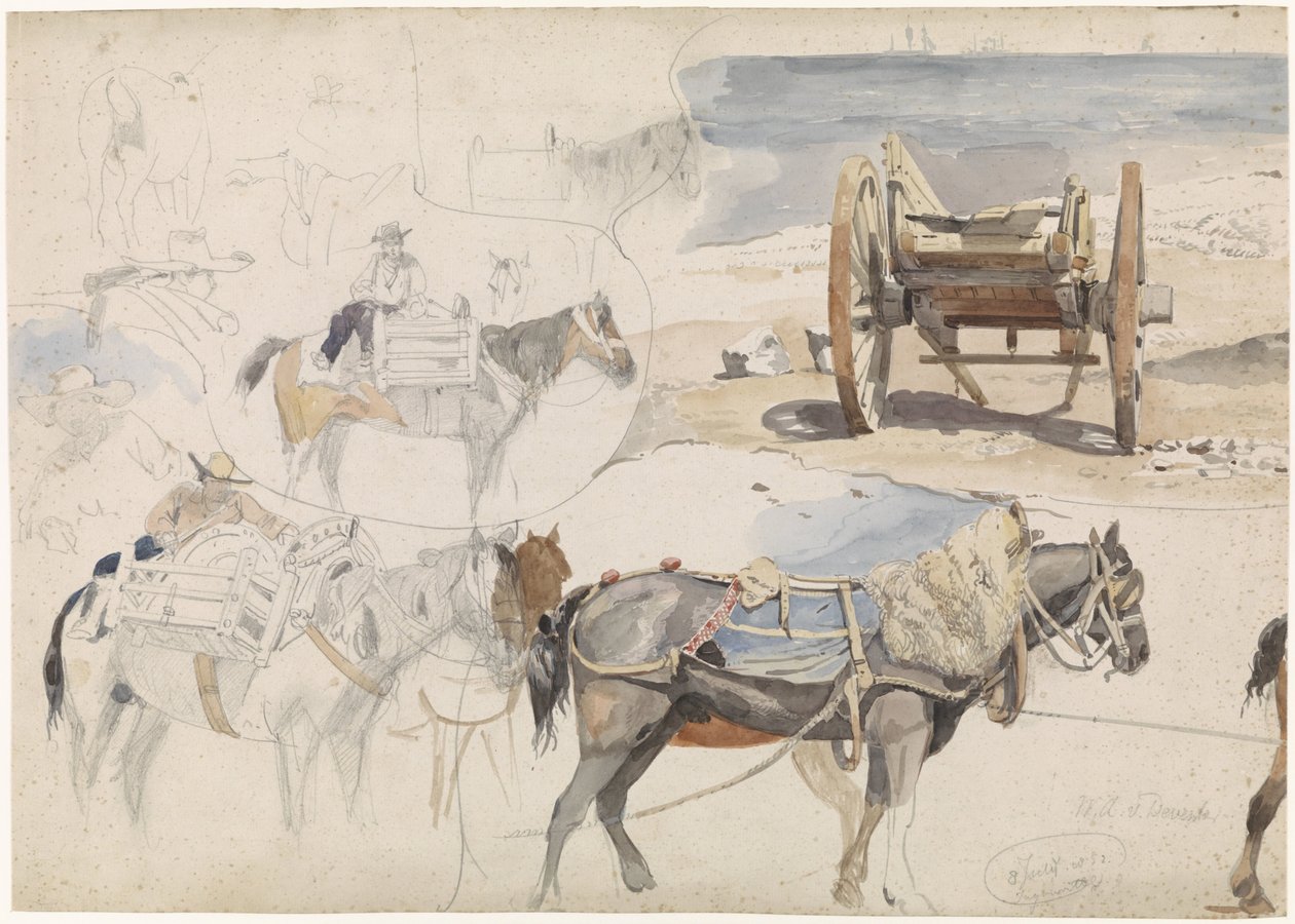 Studieblad met schelpenkar op het strand en diverse studies van paarden door Willem Anthonie van Deventer