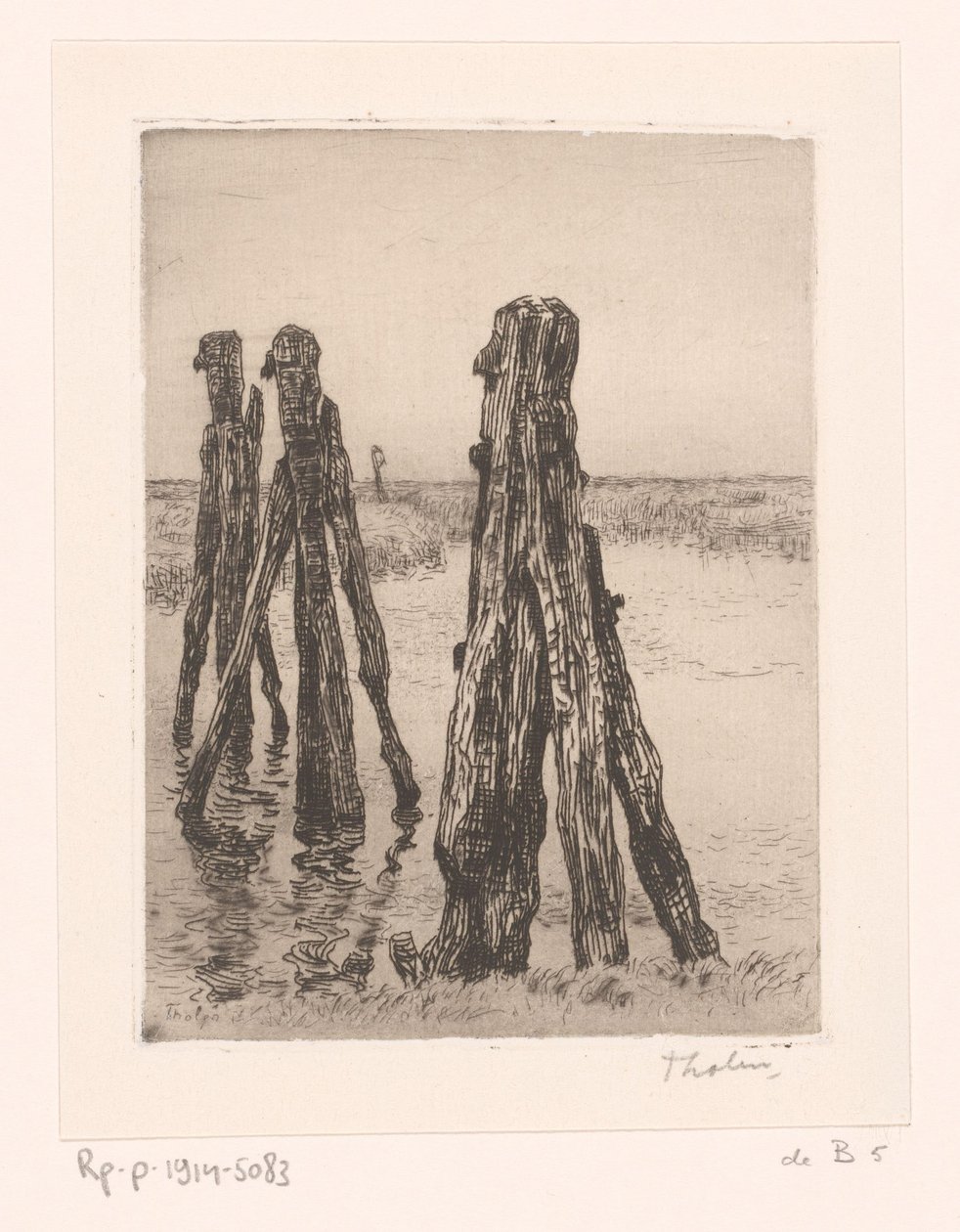 Drie meerpalen in laag water door Willem Bastiaan Tholen (signed by artist)