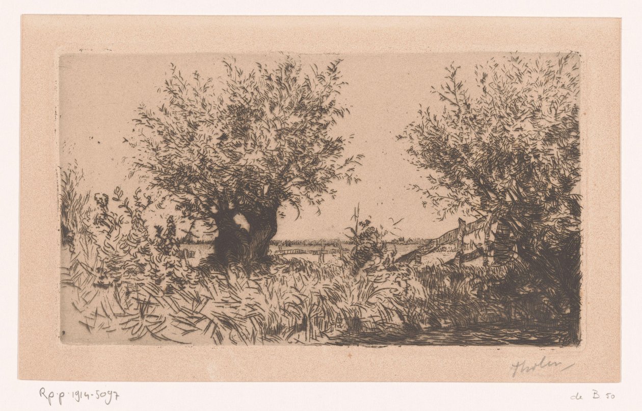 Landschap met weiland, knotwilgen en hek door Willem Bastiaan Tholen (signed by artist)