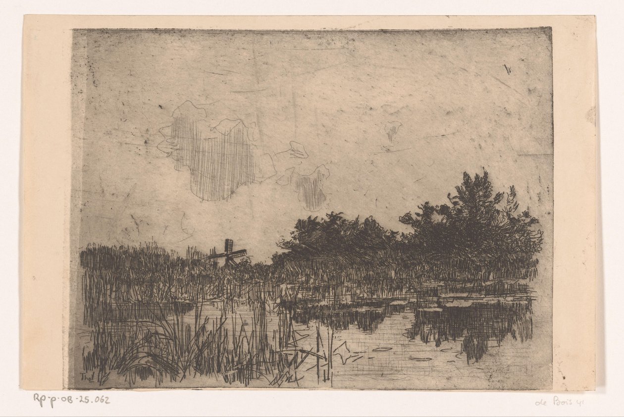 Plas met riet en watermolen, bij Giethoorn door Willem Bastiaan Tholen