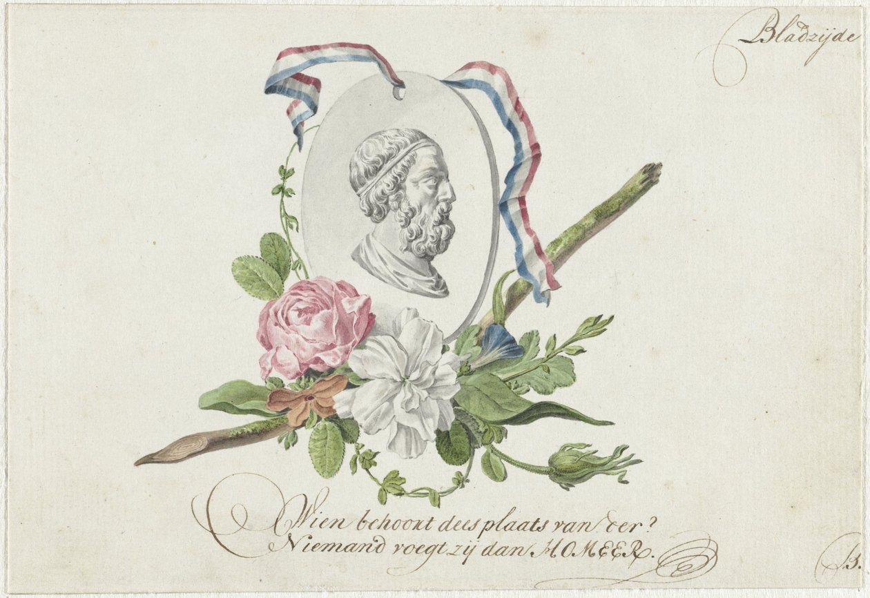 Vignet met bloemen, portretmedaillon en lint door Willem Bilderdijk