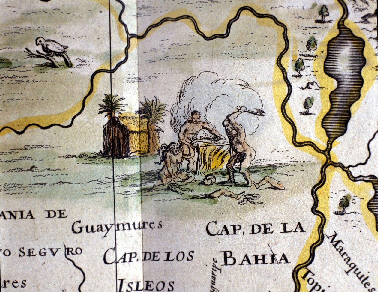 Brazilië. Kannibalen die een man met een bijl voorstellen. Detail van een kaart van de Atlas van W. Blaeu door Willem Blaeu