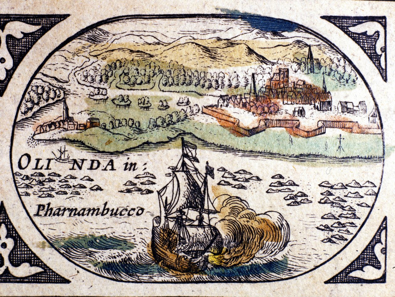 Brazilië, uitzicht op Pernambuc (Recife), Atlas door W. G. Blaeu, Amsterdam 1600. door Willem Blaeu