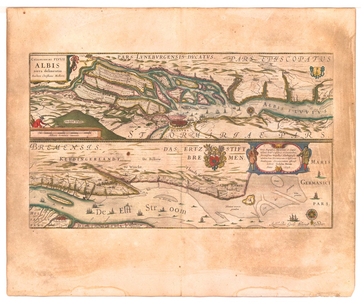 Celeberrimi Fluvii Albis nova delineatio (De beroemde rivier de Elbe is nieuw afgelijnd). door Willem Blaeu