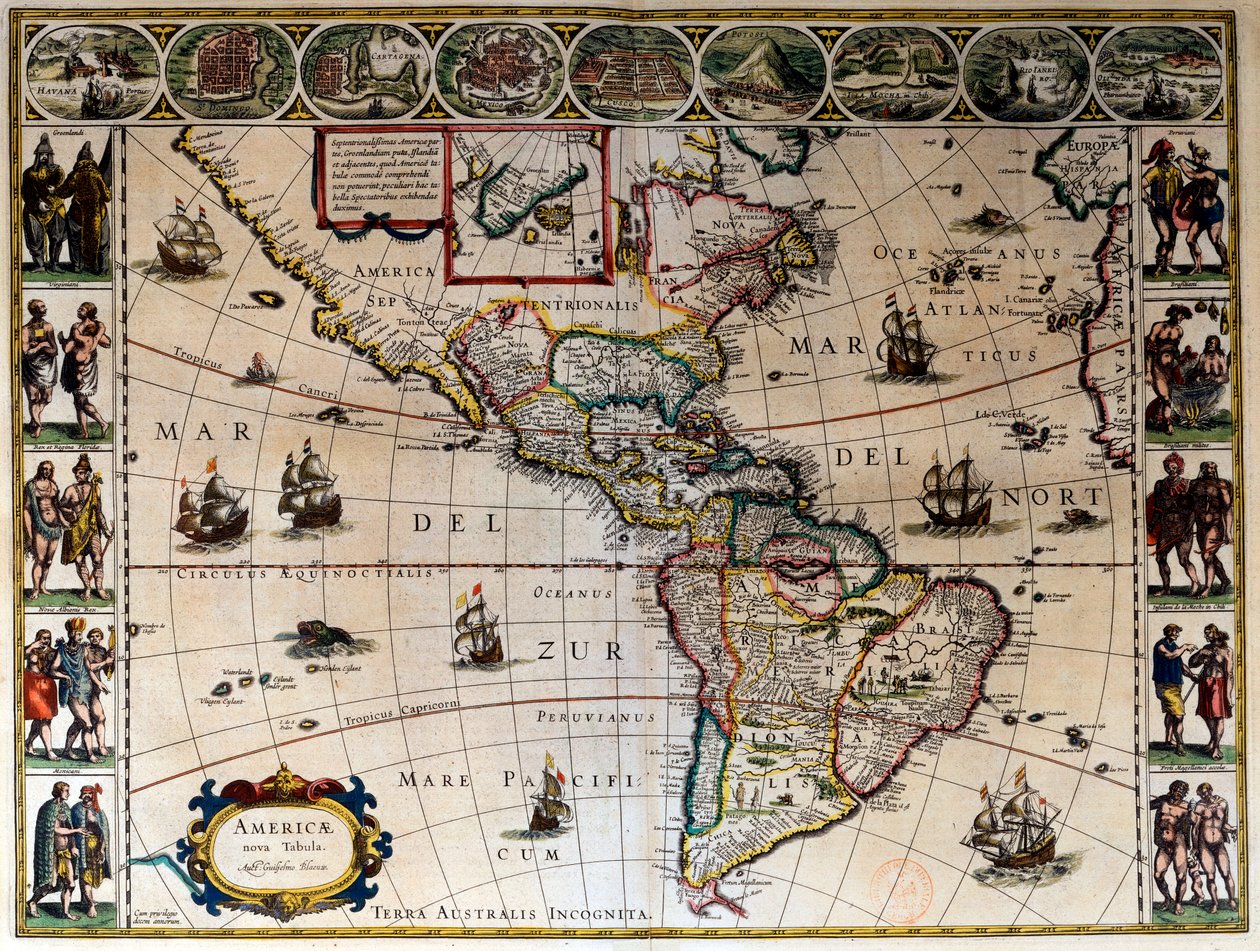 Geografische kaart van Amerika. In "Le theatre du monde ou le nouvel atlas Amsterdam" geproduceerd door Willem Janszoon Blaeu (1571-1638) door Willem Blaeu