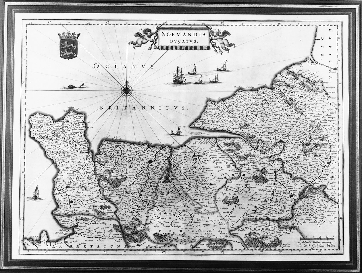Kaart van Normandië na een illustratie uit Theatrum Orbis Terrarum sive Atlas Novus door Willem en Joan Blaeu, plaat die Normandia Ducatus vertegenwoordigt door Willem Blaeu