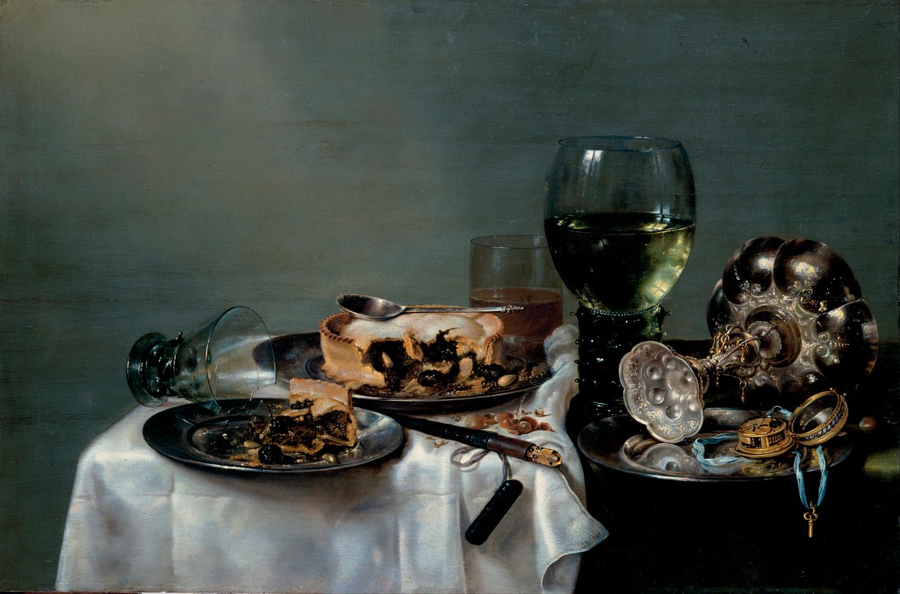 Ontbijttafel met bramentaart door Willem Claesz. Heda
