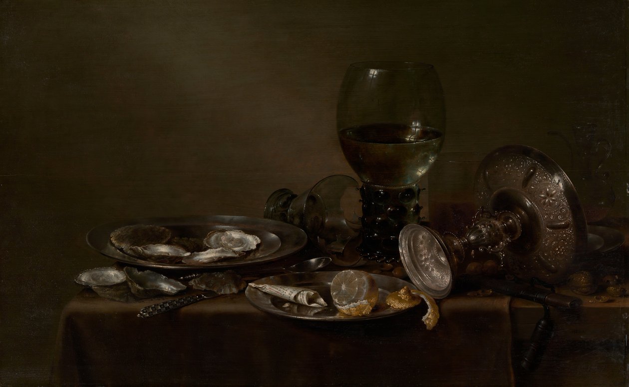 Stilleven met oesters, een zilveren tazza en glaswerk, 1635 door Willem Claesz. Heda