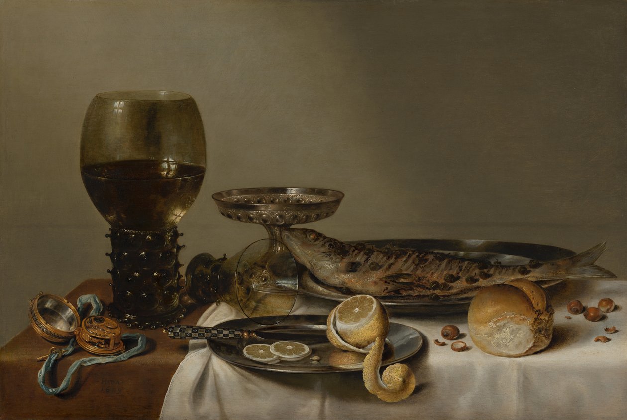 Stillleben mit einem Römer und einer Uhr door Willem Claesz. Heda