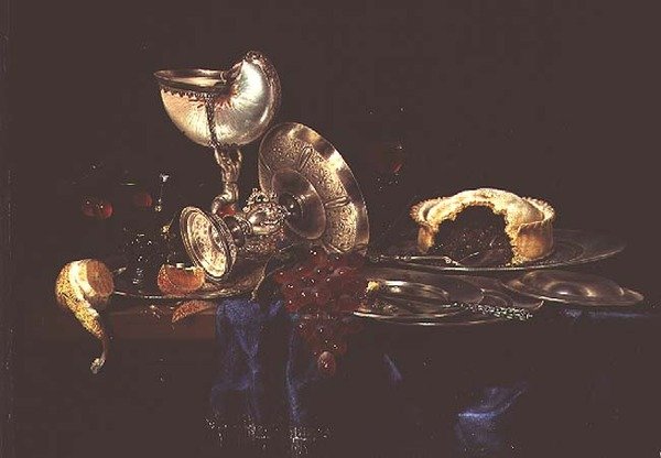 Stilleven met gehaktpastei en nautilusbeker door Willem Claesz. Heda