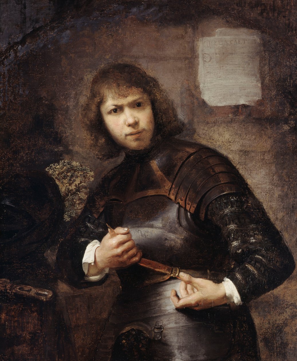 Een soldaat, staand driekwart lengte, zijn riem vastmakend door Willem Drost