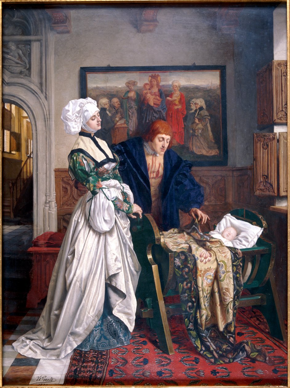Karel V en Jeanne Vandergeynst bij de Wieg van hun Dochter Marguerite, 1870 door Willem Geets