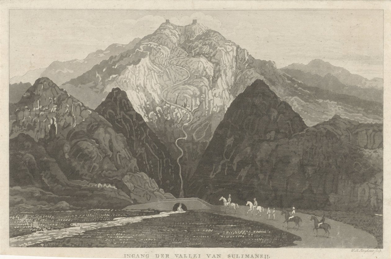Reizigers in een berglandschap door Willem Hendrik Hoogkamer